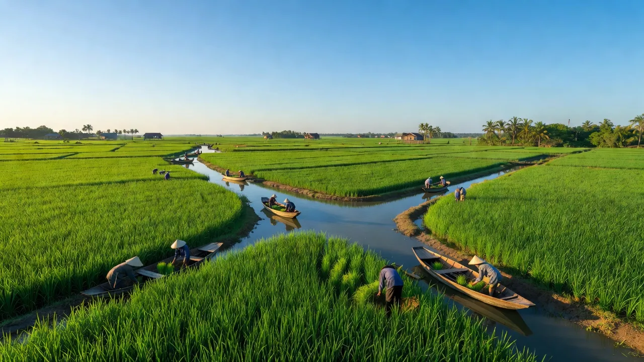 Cảnh đồng xanh tươi và dòng nước yên bình ở xã Hưng Mỹ, Cái Nước, Cà Mau.