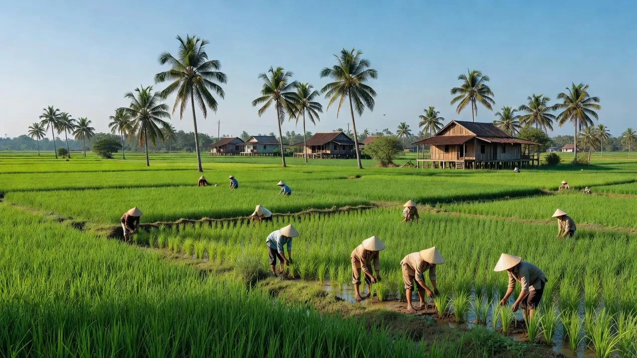 Khung cảnh xã Lương Thế Trân, huyện Cái Nước, Cà Mau với cánh đồng xanh và bầu trời trong xanh.