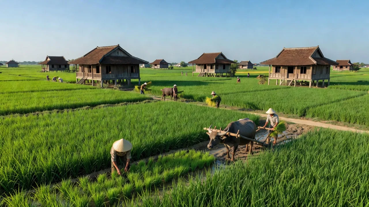 Cảnh sắc Xã Phú Hưng, huyện Cái Nước, Cà Mau với đồng lúa xanh và nhà truyền thống.