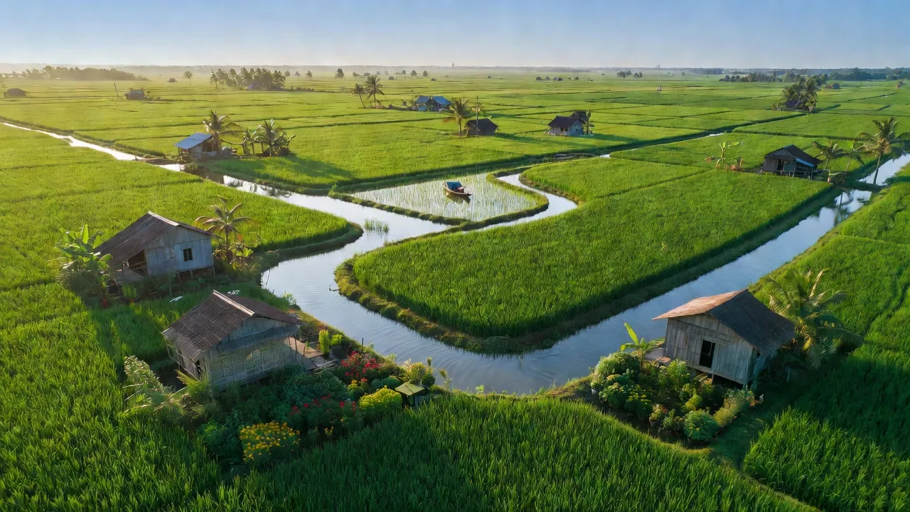 Cảnh quan nông thôn xã Tân Hưng Đông, huyện Cái Nước, Cà Mau với cánh đồng và kênh rạch.