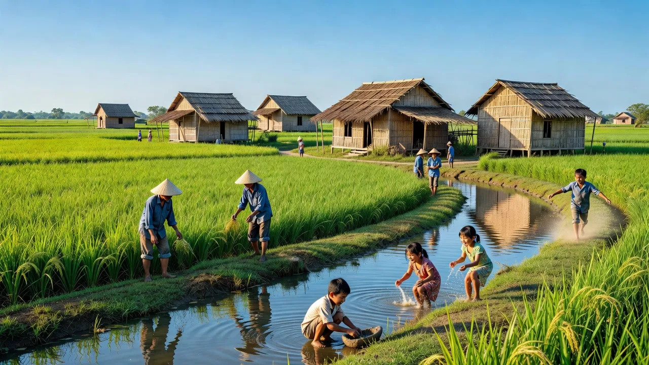 Quang cảnh yên bình xã Tân Hưng, huyện Cái Nước, tỉnh Cà Mau với cánh đồng xanh và cuộc sống nông thôn.