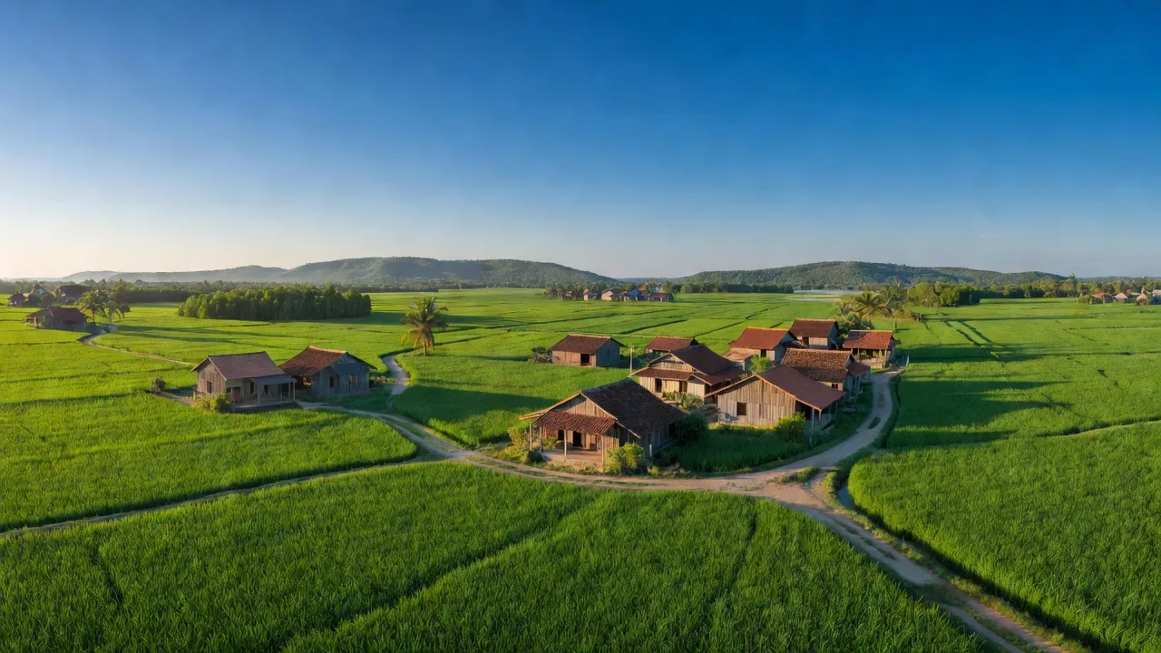 Thạnh Phú village in Cái Nước, Cà Mau, featuring rice fields and local houses under a blue sky.