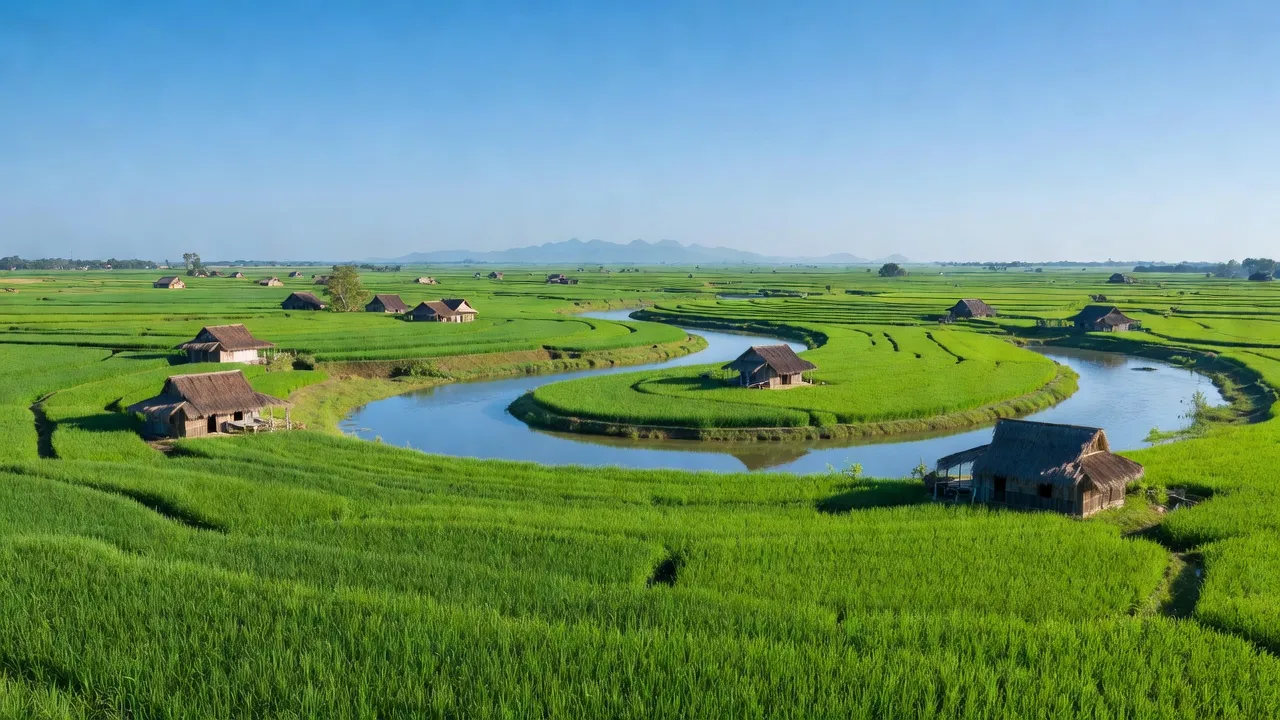 Khung cảnh Xã Trần Thới, Cà Mau với đồng xanh và nhà truyền thống giữa bầu trời xanh.