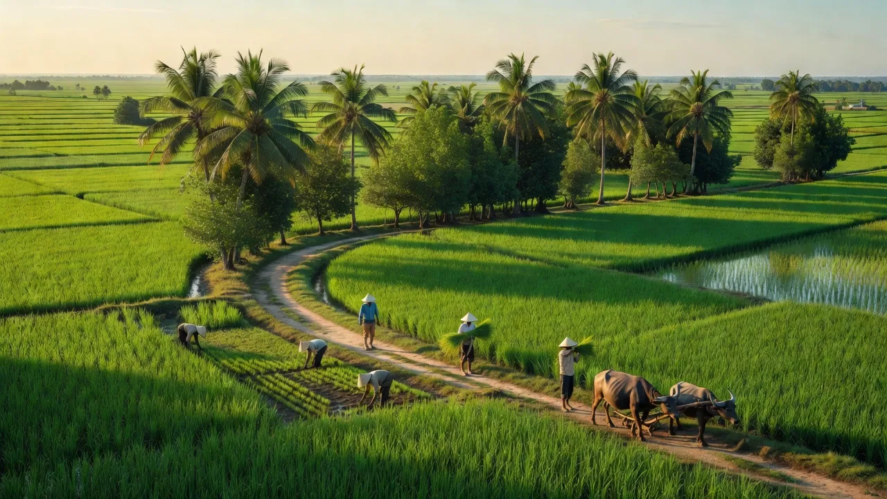 Phong cảnh đồng quê xã Trần Thới, huyện Cái Nước, tỉnh Cà Mau với cánh đồng xanh và nông dân.