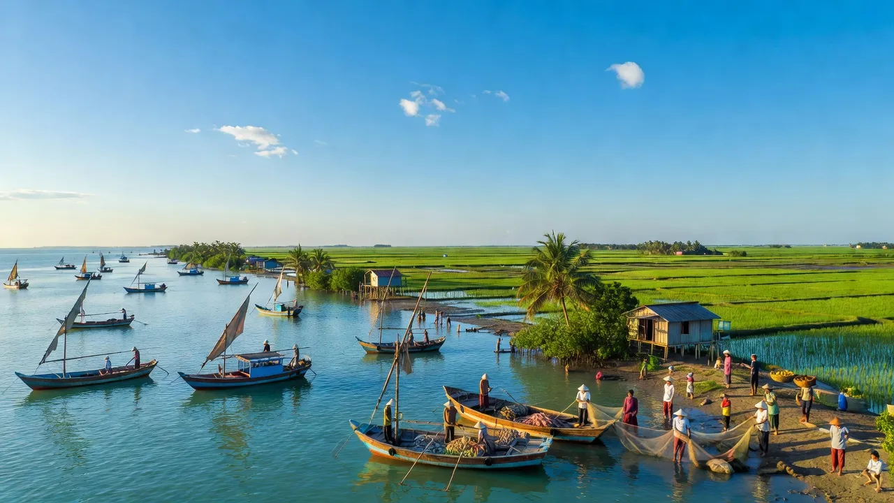 Khung cảnh huyện Đầm Dơi, Cà Mau với thuyền đánh cá và đồng xanh, biểu tượng kinh tế thủy sản.