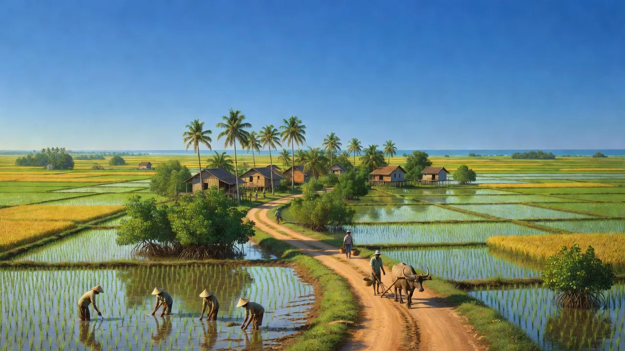 Cảnh quan nông thôn ven biển xã Ngọc Chánh, huyện Đầm Dơi, tỉnh Cà Mau, với đồng ruộng xanh tươi.