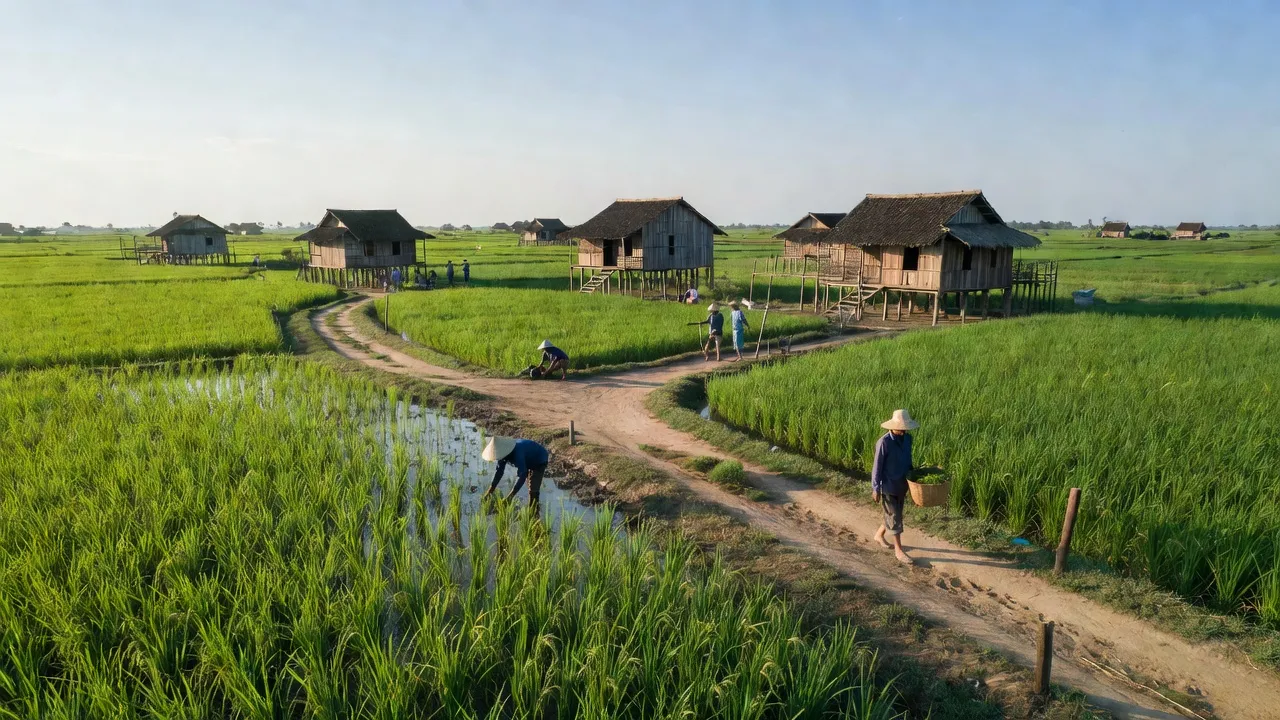 Cảnh nông thôn xã Quách Phẩm Bắc, huyện Đầm Dơi, tỉnh Cà Mau với cánh đồng xanh tươi.