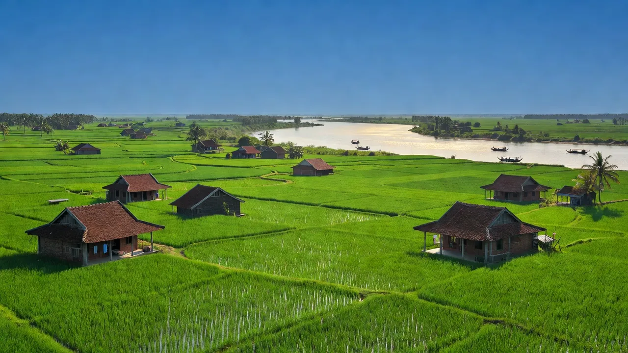 Cảnh nông thôn xã Quách Phẩm Bắc, huyện Đầm Dơi, tỉnh Cà Mau với đồng xanh và nhà truyền thống.