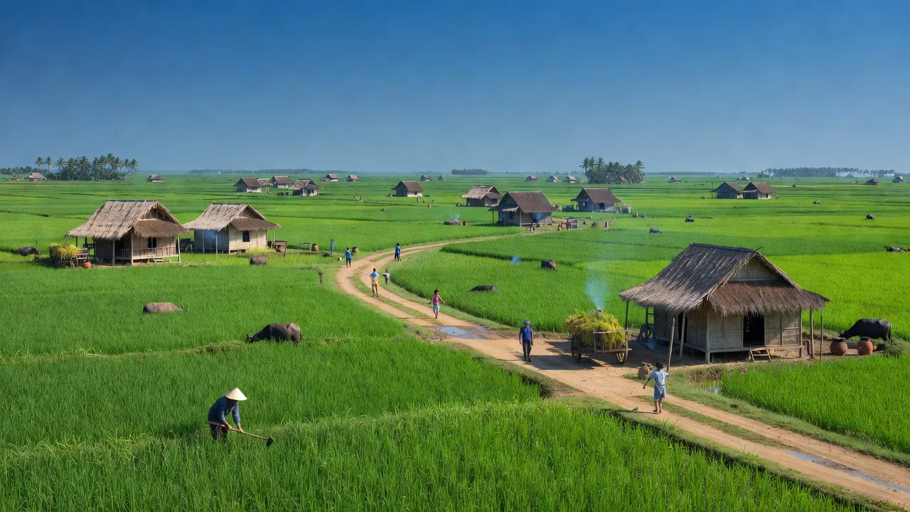 Quách Phẩm, Đầm Dơi, Cà Mau với cánh đồng xanh và nhà truyền thống, thể hiện vẻ đẹp nông thôn.