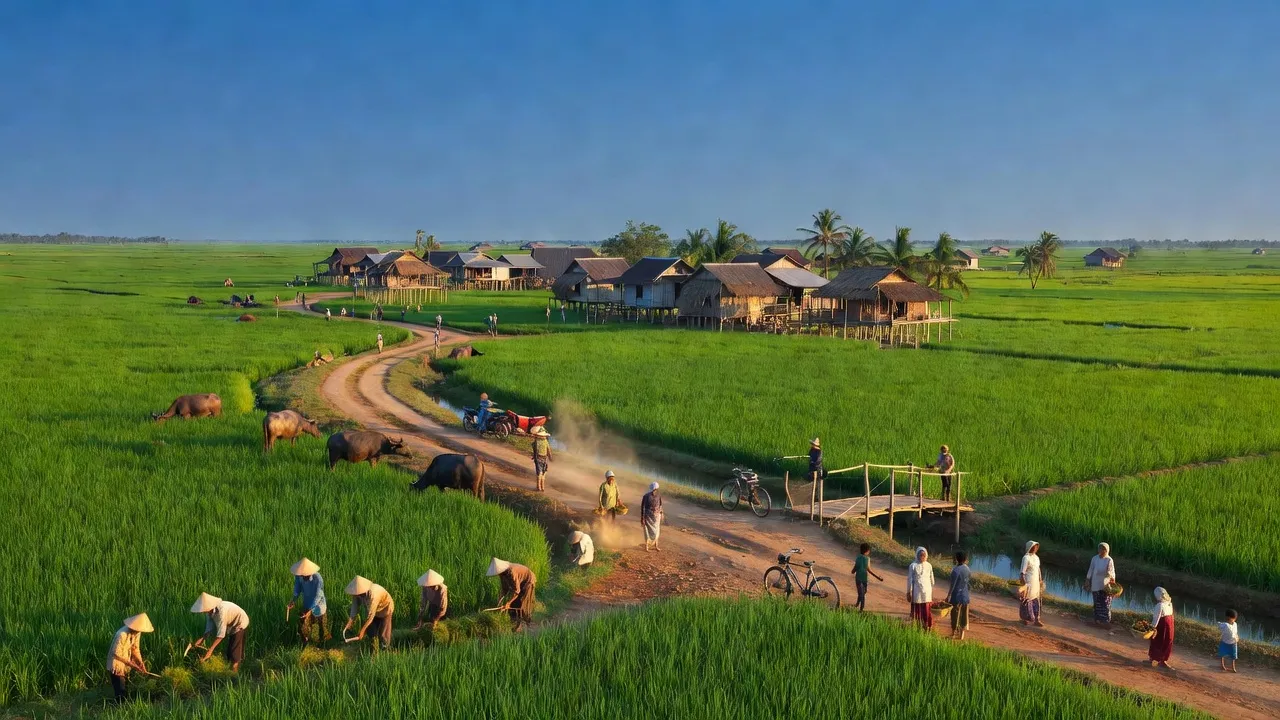 Cảnh quan xã Tạ An Khương Đông, huyện Đầm Dơi, Cà Mau với cánh đồng và bầu trời trong xanh.