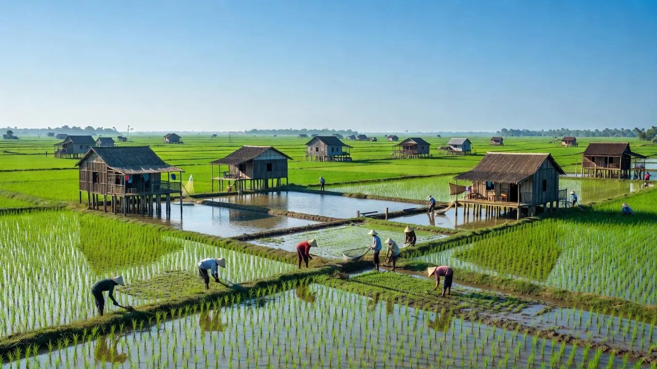 Khung cảnh nông thôn Tạ An Khương Nam, Đầm Dơi, Cà Mau với ruộng xanh và hoạt động nuôi trồng thủy sản.