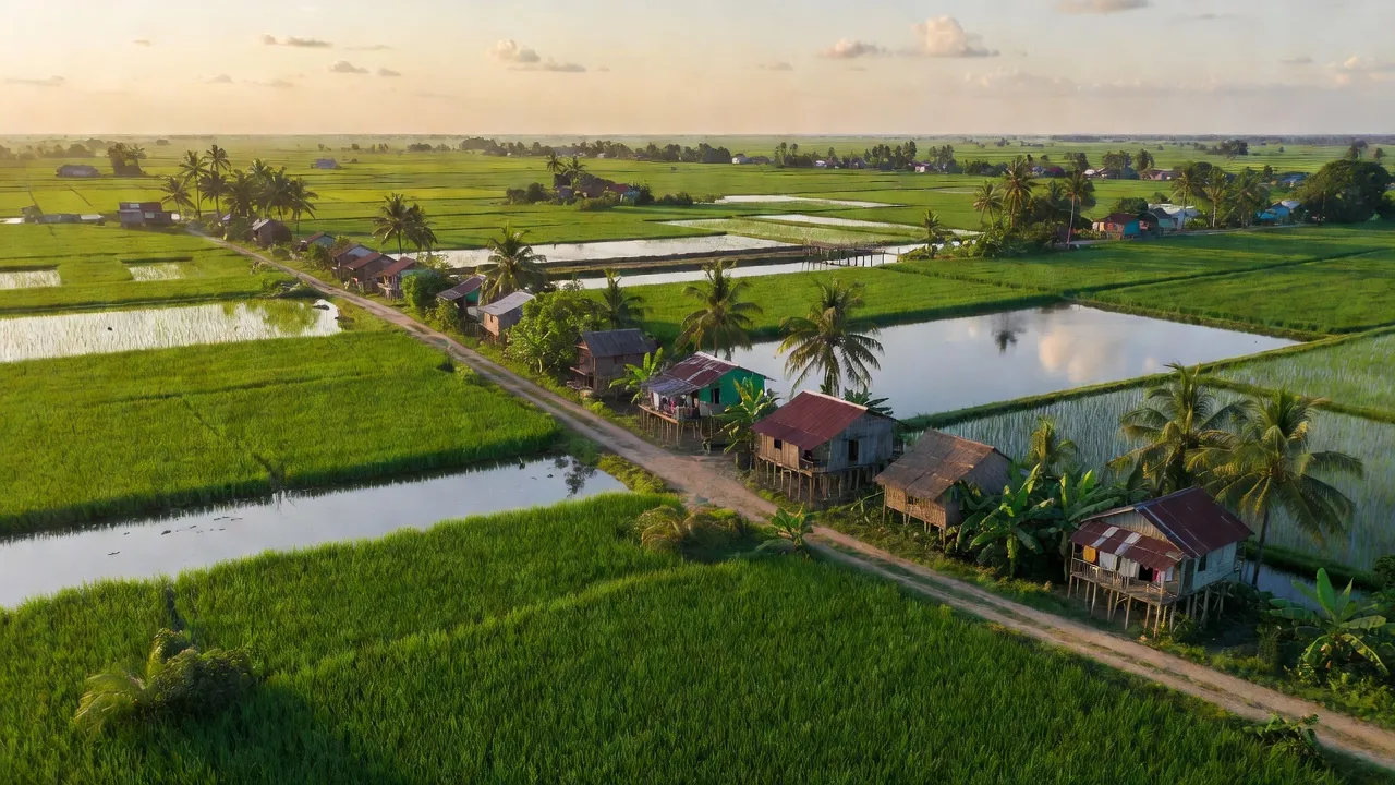Phong cảnh nông thôn Tạ An Khương Nam, Đầm Dơi, Cà Mau với cánh đồng màu xanh và ao nuôi thủy sản.