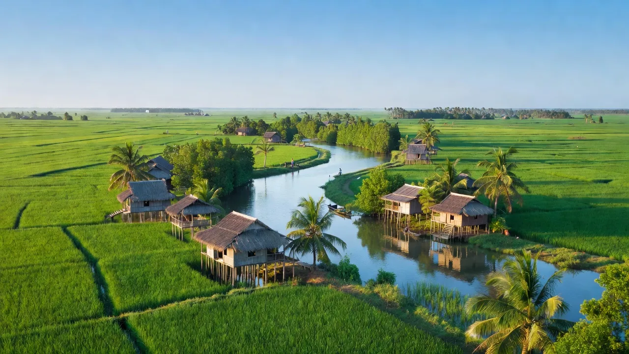 Khung cảnh Tạ An Khương, Đầm Dơi, Cà Mau với cánh đồng xanh tươi và nhà truyền thống.