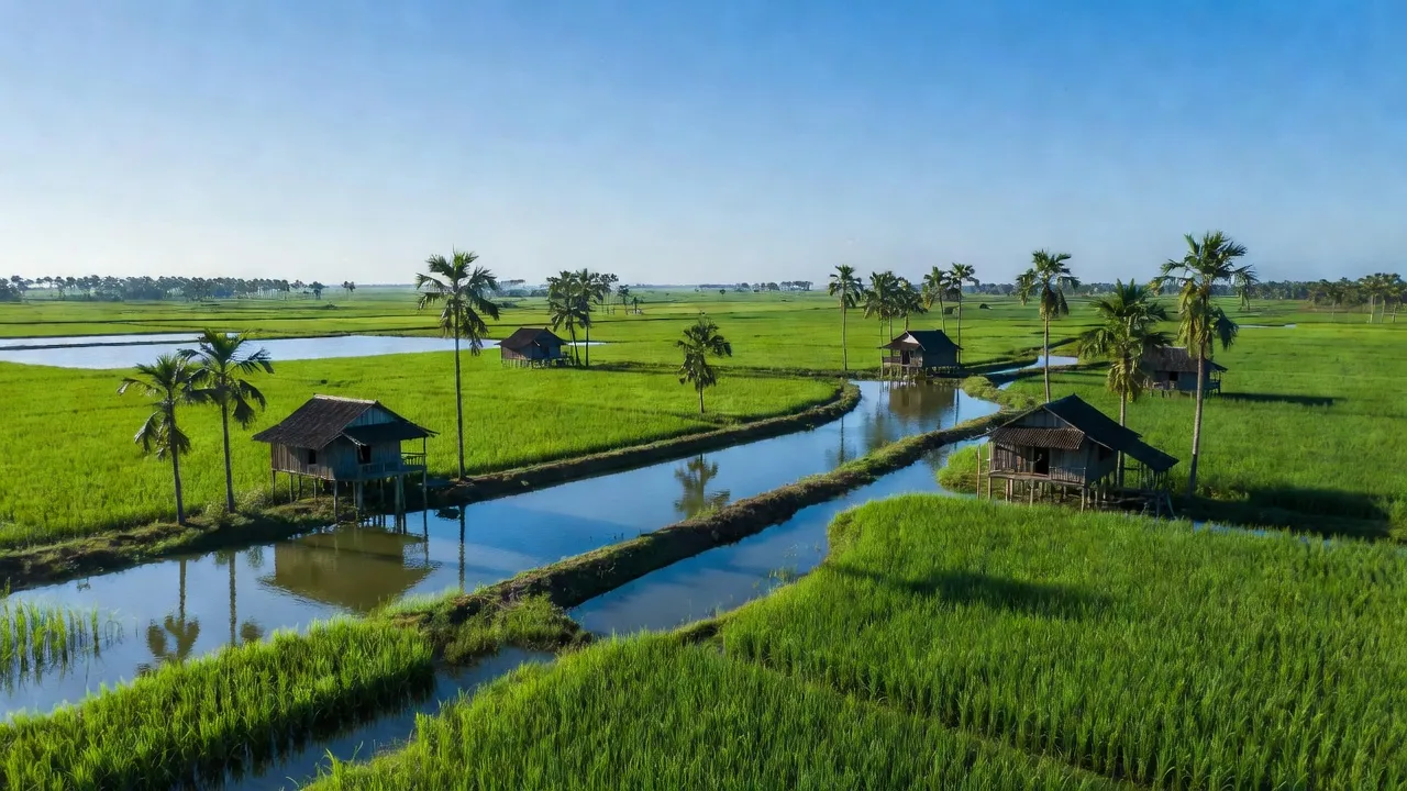 Xã Tạ An Khương, Huyện Đầm Dơi, Cà Mau với cảnh sắc thiên nhiên xanh tươi và nhà truyền thống.