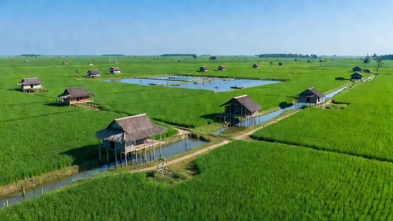 Cảnh quan xã Tân Dân, huyện Đầm Dơi, tỉnh Cà Mau với cánh đồng xanh và hoạt động nuôi trồng thủy sản.