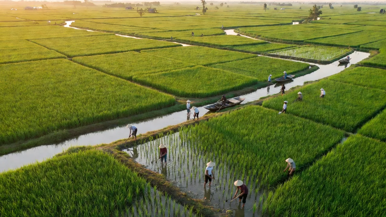 Khung cảnh xã Tân Dân, huyện Đầm Dơi, Cà Mau với cánh đồng và người nông dân, vùng đồng bằng sông Cửu Long.