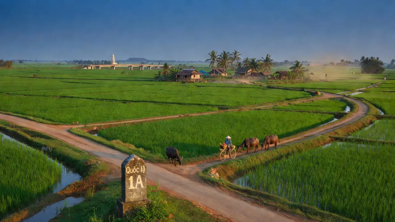 Phong cảnh Xã Tân Đức, Huyện Đầm Dơi, Cà Mau với cánh đồng xanh và đường giao thông.