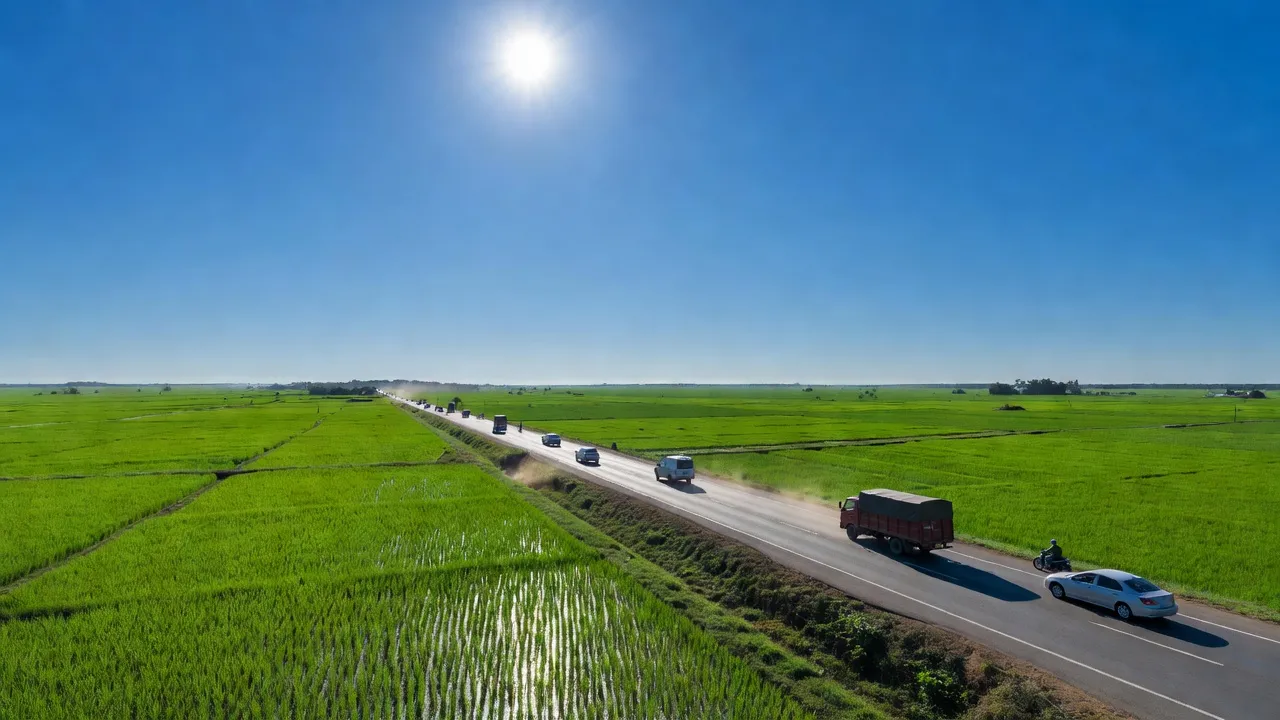 Phong cảnh xã Tân Đức, huyện Đầm Dơi, tỉnh Cà Mau với quốc lộ 1A và các cánh đồng xanh.