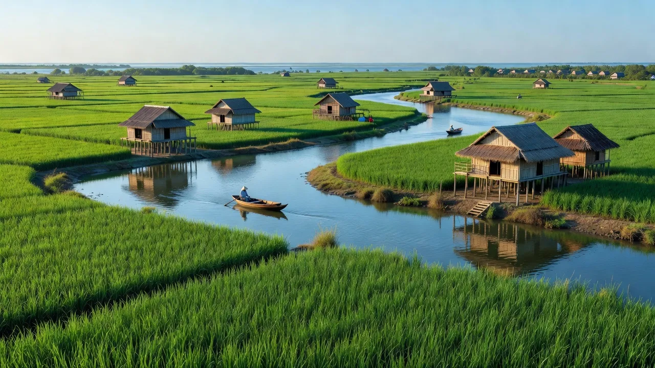 Cảnh đẹp xã Tân Thuận, huyện Đầm Dơi, Cà Mau với cánh đồng xanh và sông nước.