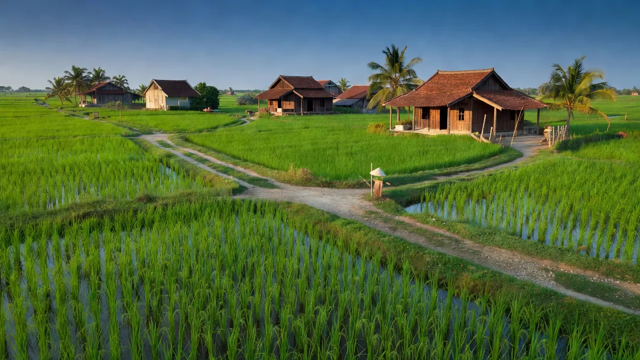 Khung cảnh xã Tân Thuận, huyện Đầm Dơi, Cà Mau với cánh đồng xanh và nhà truyền thống.