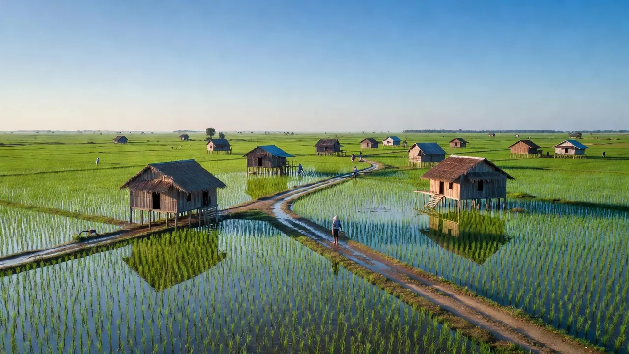 Phong cảnh yên bình xã Tân Trung huyện Đầm Dơi, tỉnh Cà Mau với cánh đồng và nhà truyền thống.
