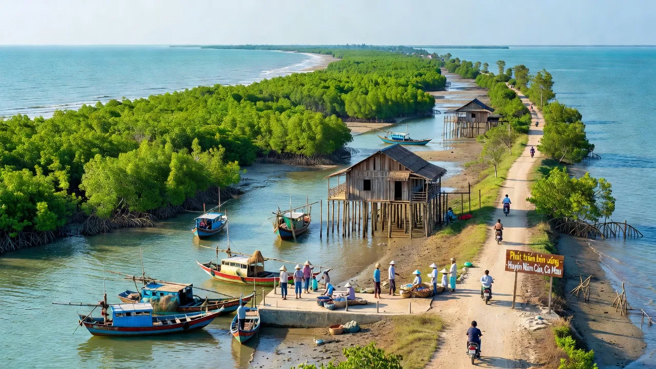 Cảnh quan huyện Năm Căn, Cà Mau với biển, rừng và hoạt động cộng đồng sôi nổi.