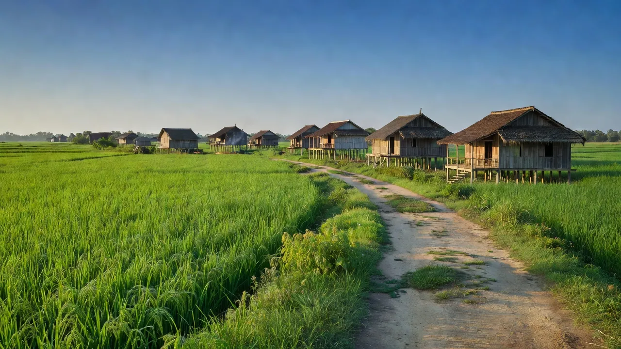 Cánh đồng xanh tươi và nhà dân ở xã Đất Mới, huyện Năm Căn, tỉnh Cà Mau, Việt Nam.