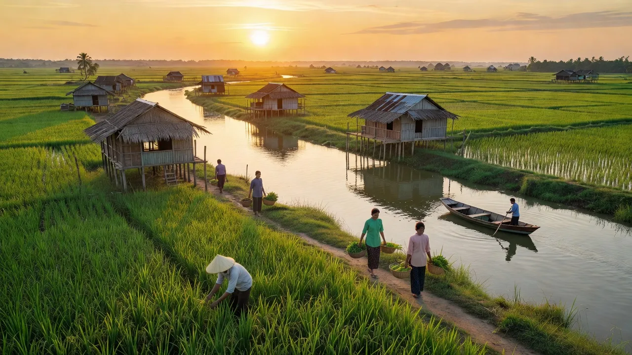 Cảnh quan xã Đất Mới, huyện Năm Căn, tỉnh Cà Mau với cánh đồng xanh tươi và ánh hoàng hôn.