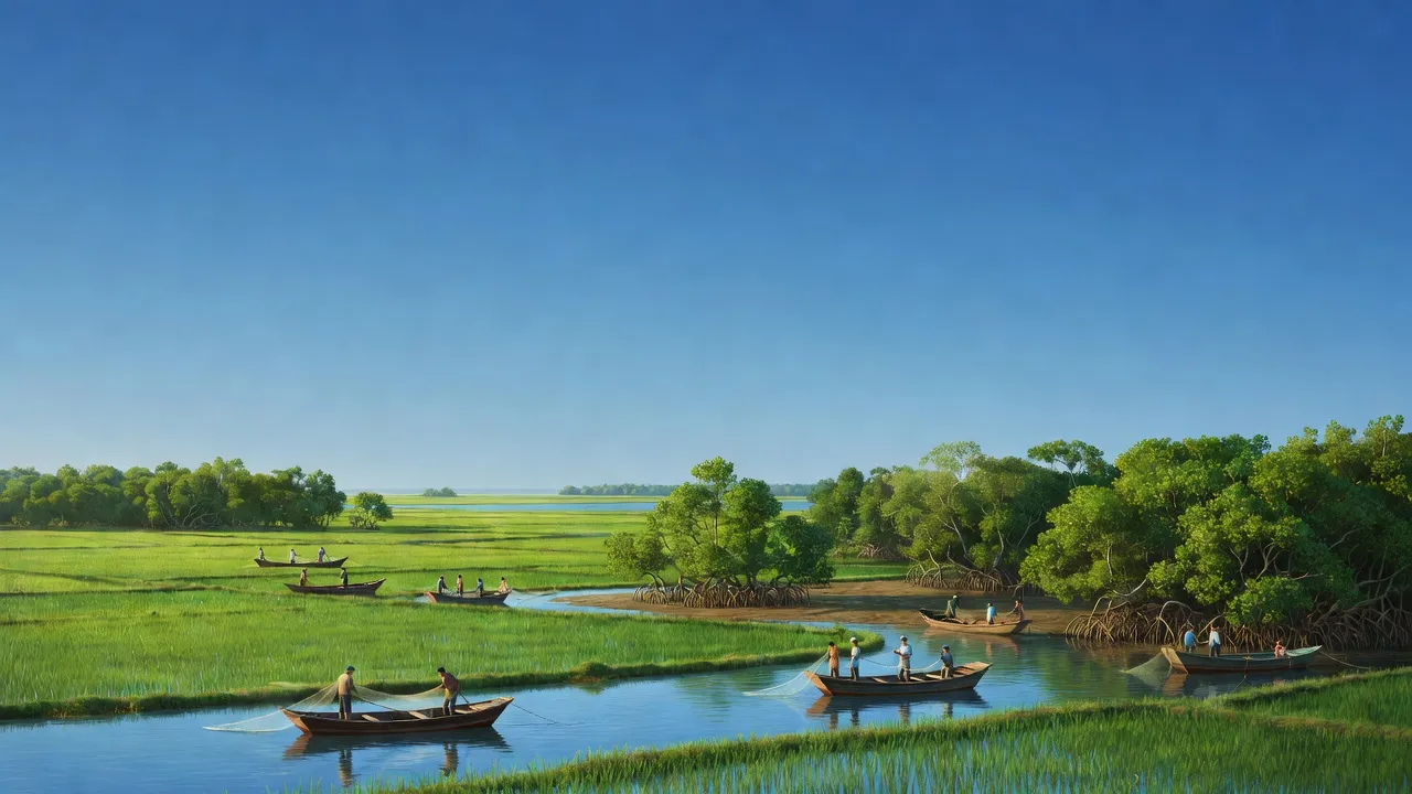 Cảnh quan xã Lâm Hải, huyện Năm Căn, với cánh đồng xanh và hoạt động đánh bắt ven biển.