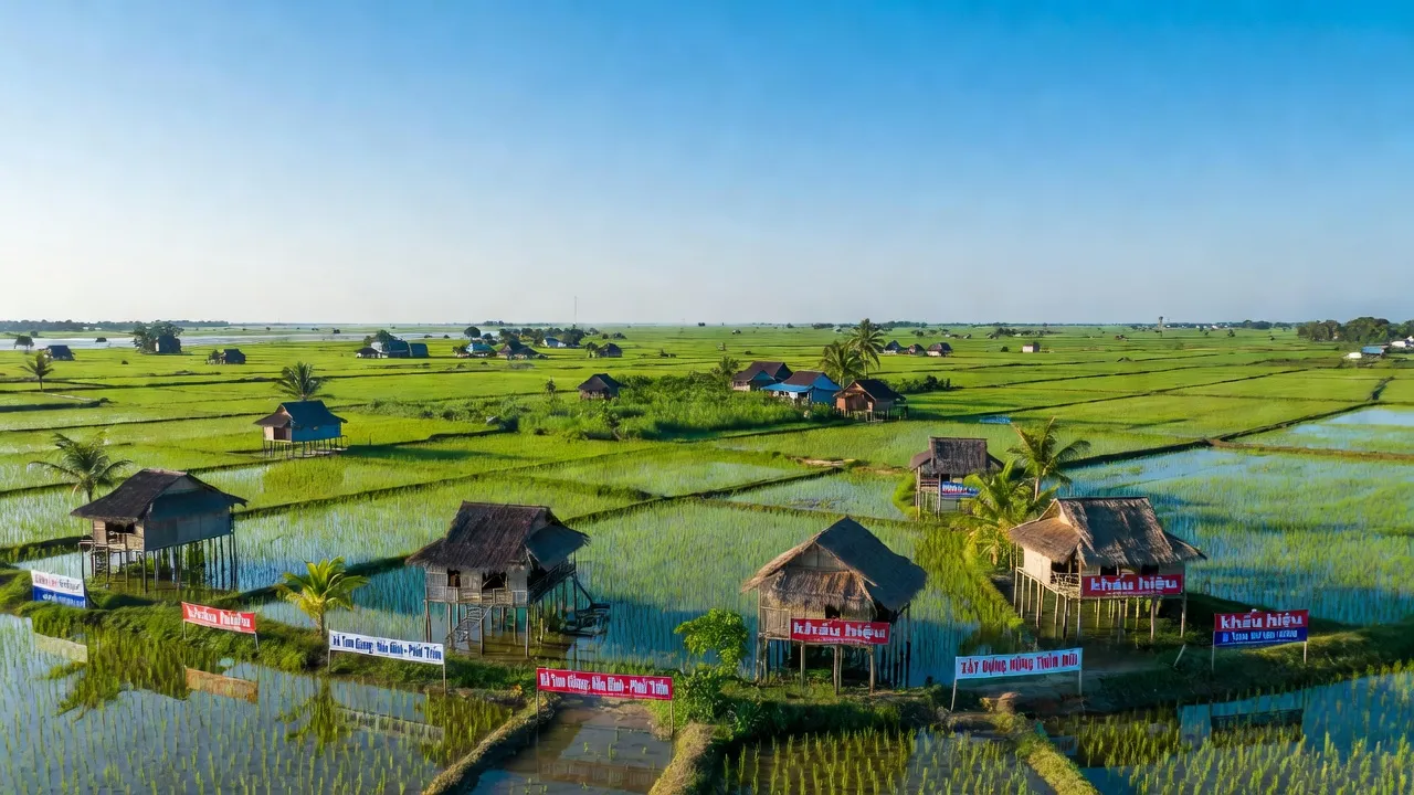 Cảnh quan xã Tam Giang, huyện Năm Căn, tỉnh Cà Mau với cánh đồng xanh và trời trong.