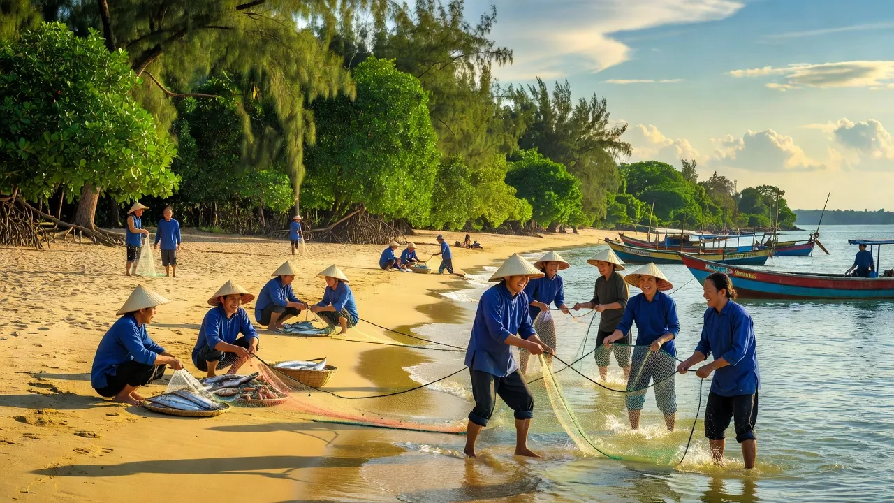 Cảnh quan xã Tam Giang huyện Năm Căn với bãi biển và hoạt động đánh bắt cá, Cà Mau.