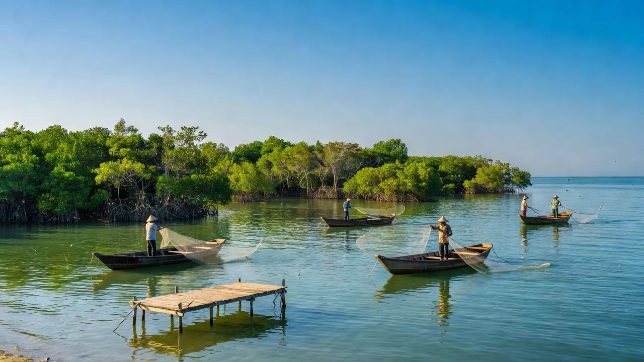 Khung cảnh xã Đất Mũi tại Cà Mau, biển và cây cối xanh tươi, người địa phương bắt cá.