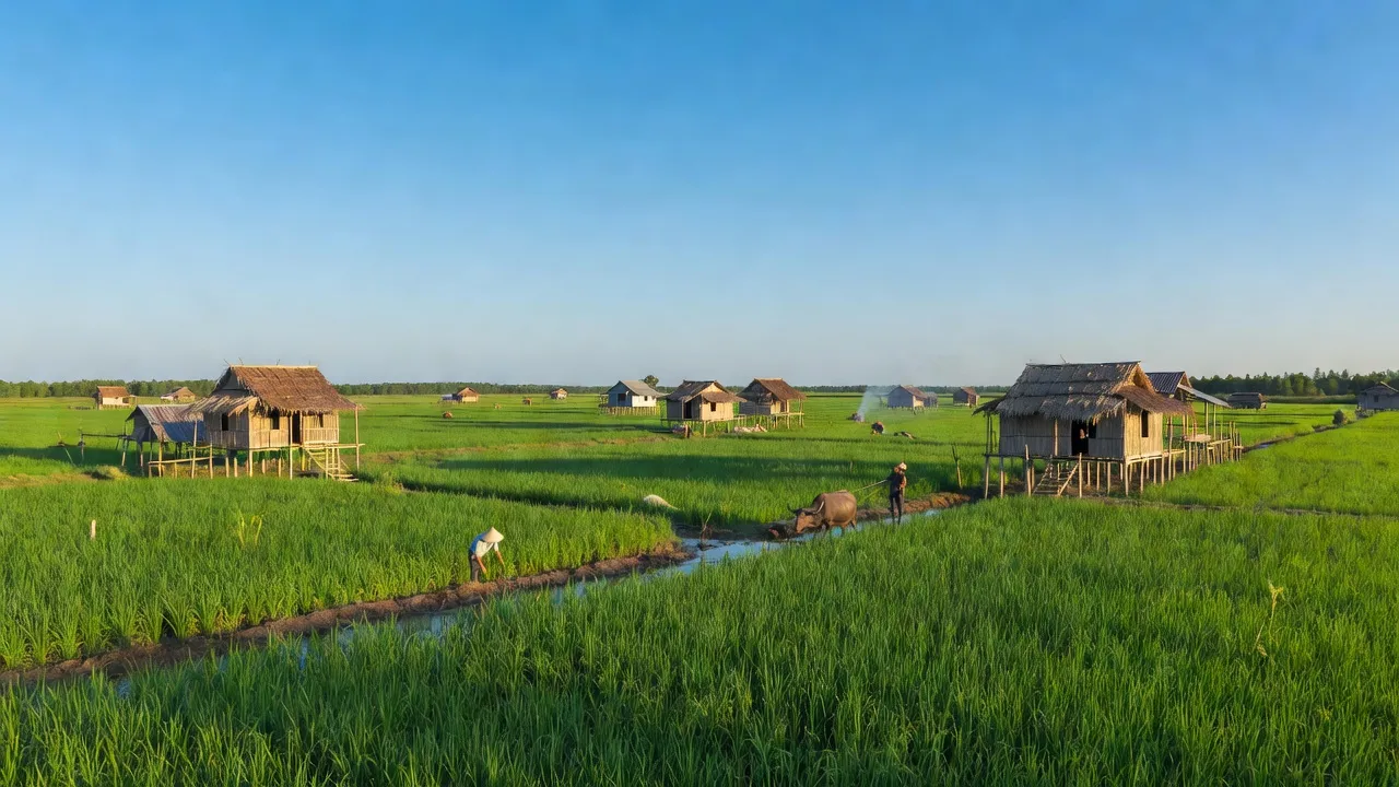 Cảnh nông thôn Xã Tân Ân Tây, Huyện Ngọc Hiển, tỉnh Cà Mau với cánh đồng xanh và nhà truyền thống.
