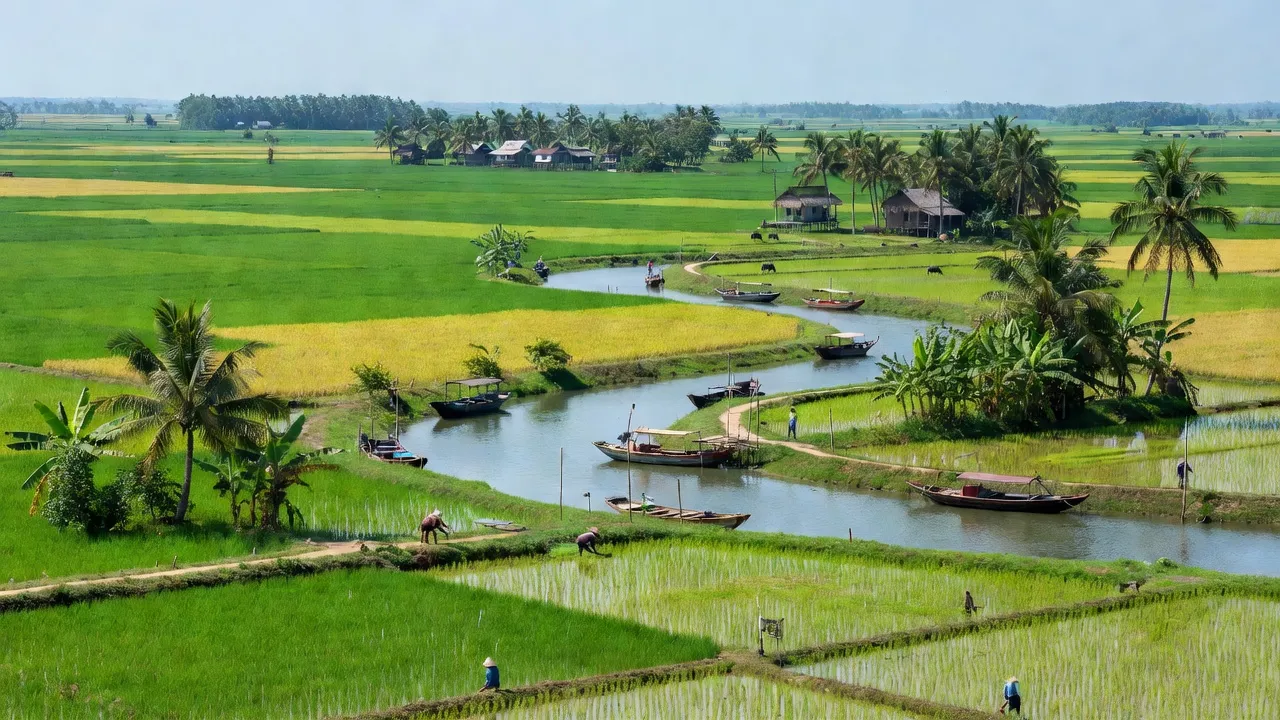 Khung cảnh thanh bình xã Tân Ân Tây, huyện Ngọc Hiển, Cà Mau với cánh đồng và sông nước.