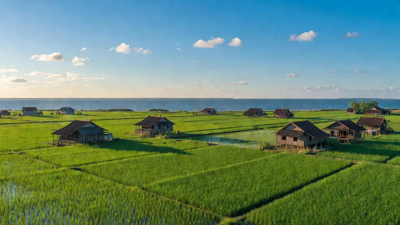Cảnh sắc xã Tân Ân, huyện Ngọc Hiển, tỉnh Cà Mau với đồng lúa xanh và biển Đông.