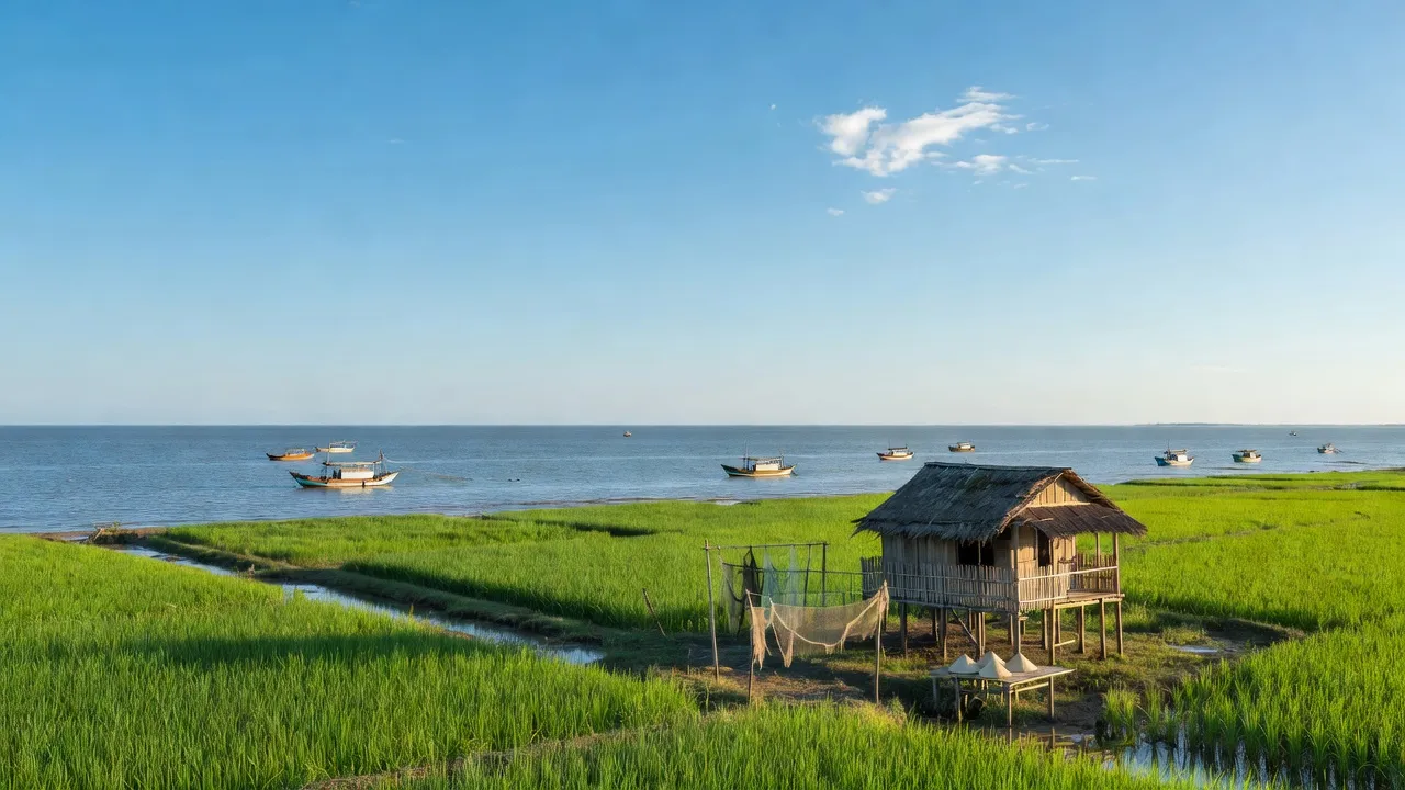 Cảnh quan đẹp ở xã Viên An, huyện Ngọc Hiển, tỉnh Cà Mau, với đồng xanh và biển cả.