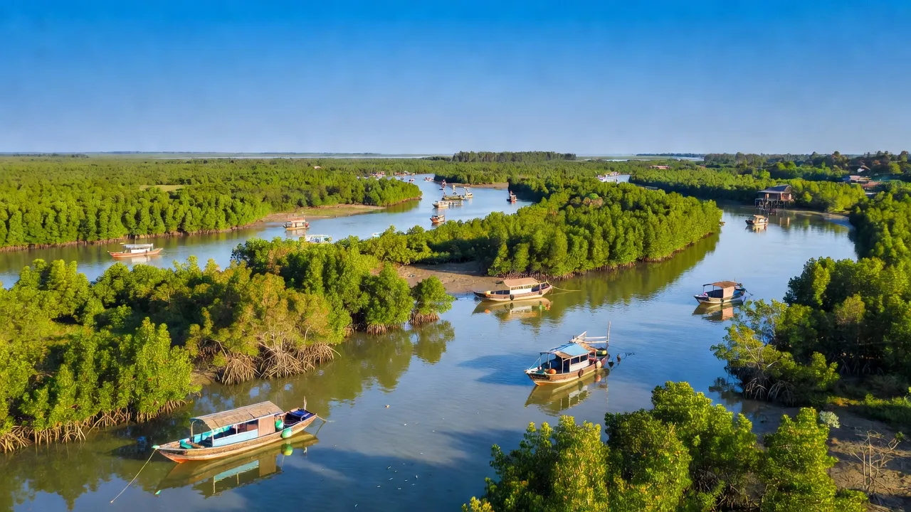 Cảnh biển Huyện Phú Tân, Cà Mau với cỏ và thuyền đánh cá, thể hiện đời sống ven sông.