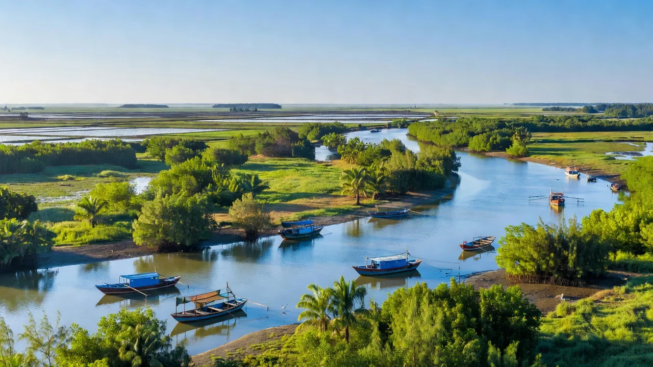 Phong cảnh huyện Phú Tân Cà Mau, sông rạch, hoạt động nuôi trồng thủy sản, thiên nhiên tươi đẹp.