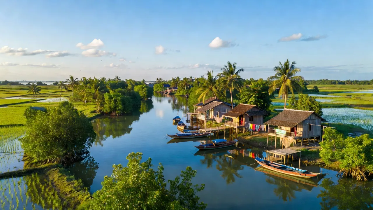 Thị trấn Cái Đôi Vàm, huyện Phú Tân, Cà Mau, với cảnh sông nước, cây xanh và bầu trời trong.