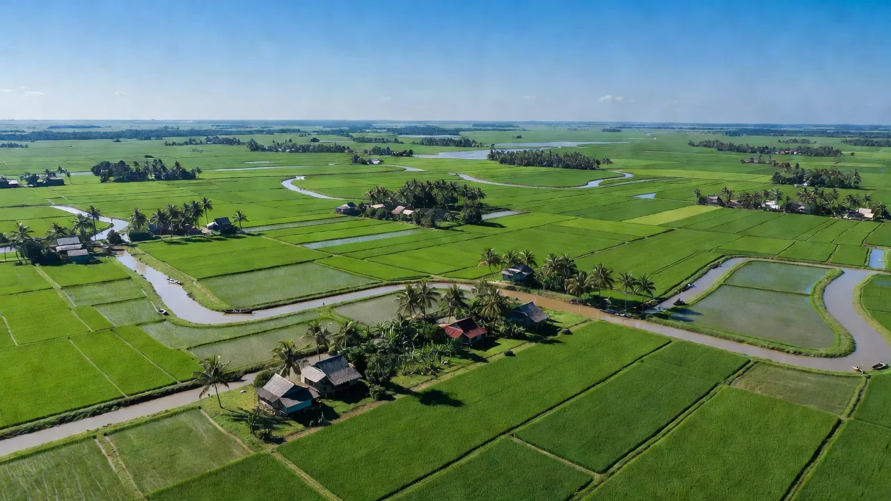 Xã Nguyễn Việt Khái, huyện Phú Tân, tỉnh Cà Mau với cánh đồng xanh và cảnh quan thanh bình.