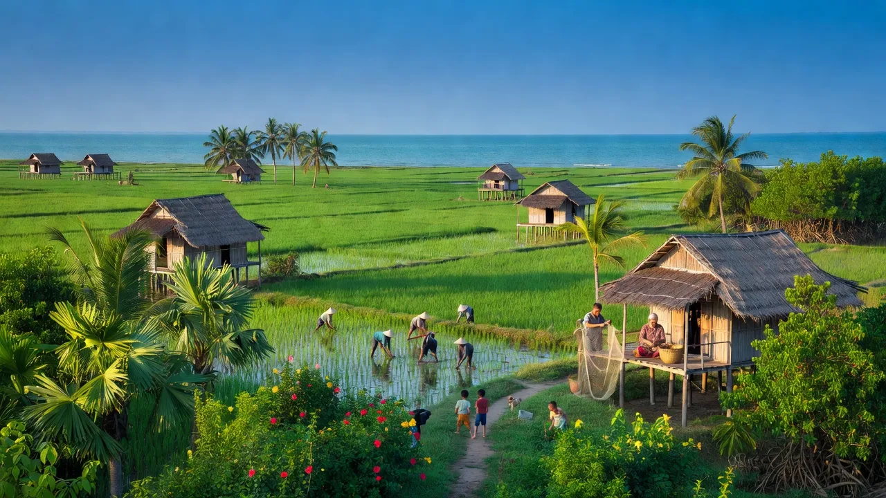 Khung cảnh xã Phú Mỹ, huyện Phú Tân, tỉnh Cà Mau với cánh đồng xanh và hạ tầng ven biển.