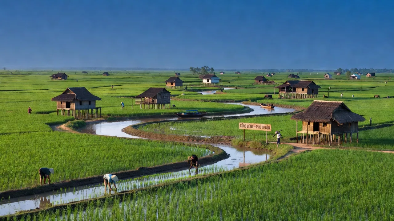 Cảnh quan Xã Phú Thuận, huyện Phú Tân, Cà Mau với cánh đồng xanh và nhà truyền thống.