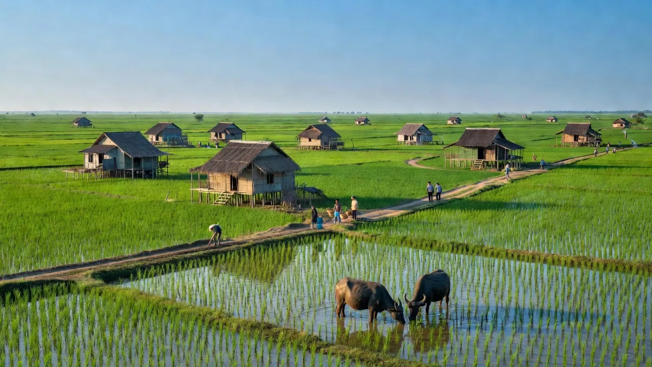 Khung cảnh Xã Phú Thuận, Huyện Phú Tân, Cà Mau với cánh đồng xanh và nhà truyền thống.