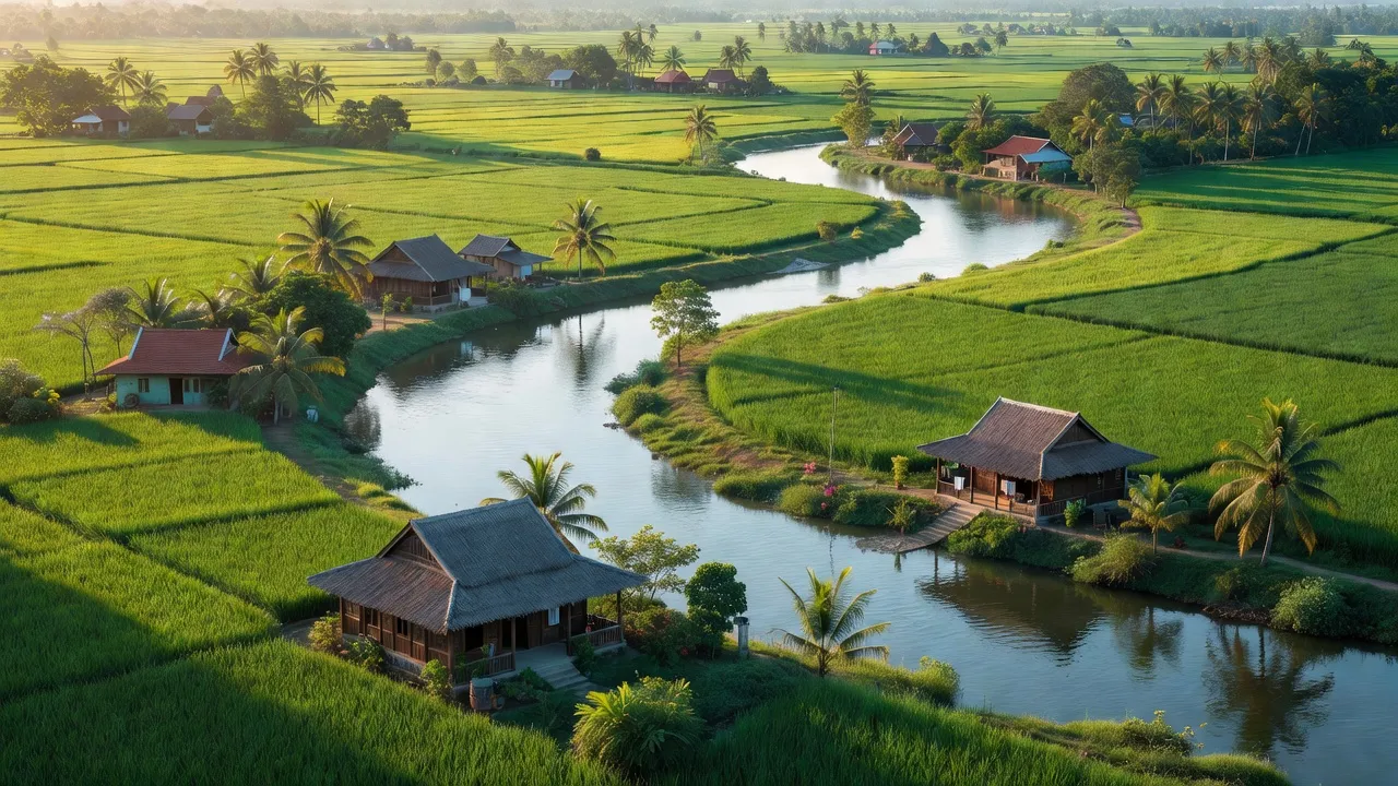 Cảnh quan xã Rạch Chèo, huyện Phú Tân, Cà Mau với sông, cánh đồng và nhà truyền thống.