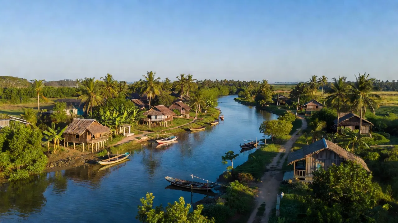 Khung cảnh xã Rạch Chèo, huyện Phú Tân, tỉnh Cà Mau với nhà truyền thống và thiên nhiên xanh tươi.