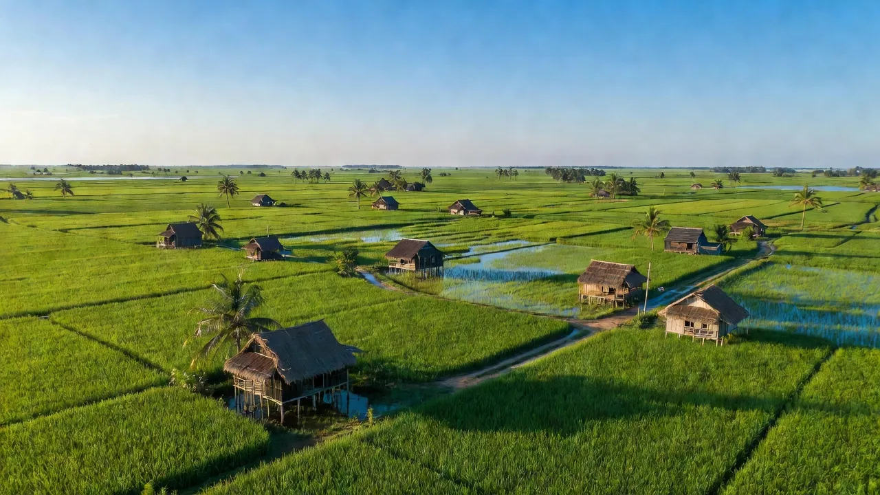 Cảnh đẹp xã Tân Hải, huyện Phú Tân, tỉnh Cà Mau với cánh đồng xanh và nhà truyền thống.