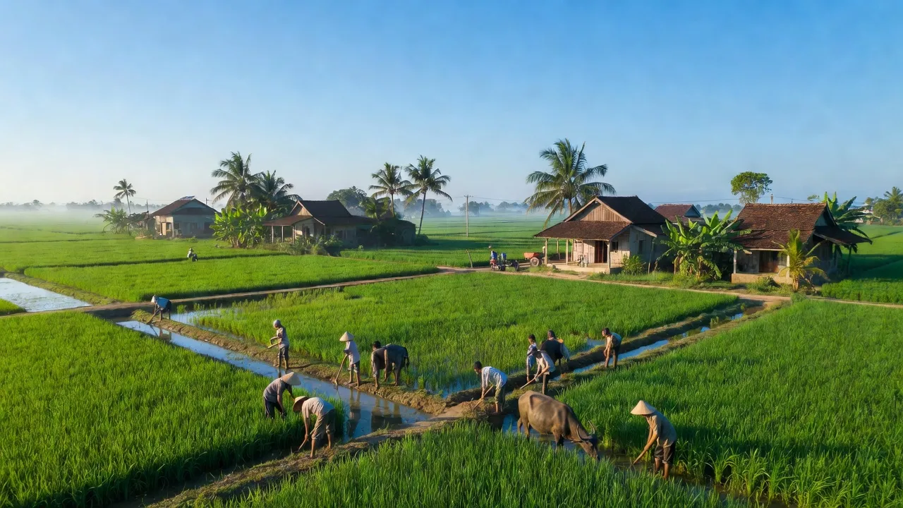 Phong cảnh nông thôn xã Tân Hải, huyện Phú Tân, Cà Mau với cánh đồng xanh và bầu trời trong xanh.