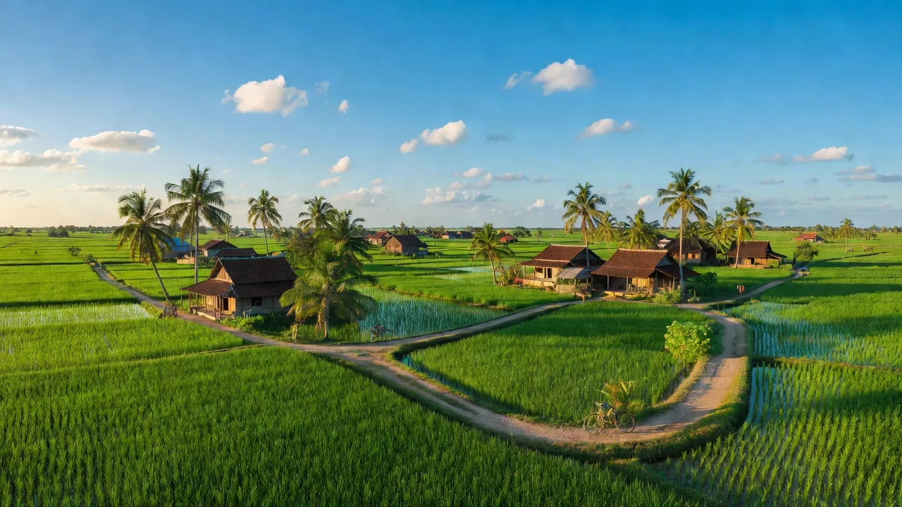 Cảnh đẹp xã Tân Hưng Tây, huyện Phú Tân, tỉnh Cà Mau với đồng xanh và bầu trời trong trẻo.