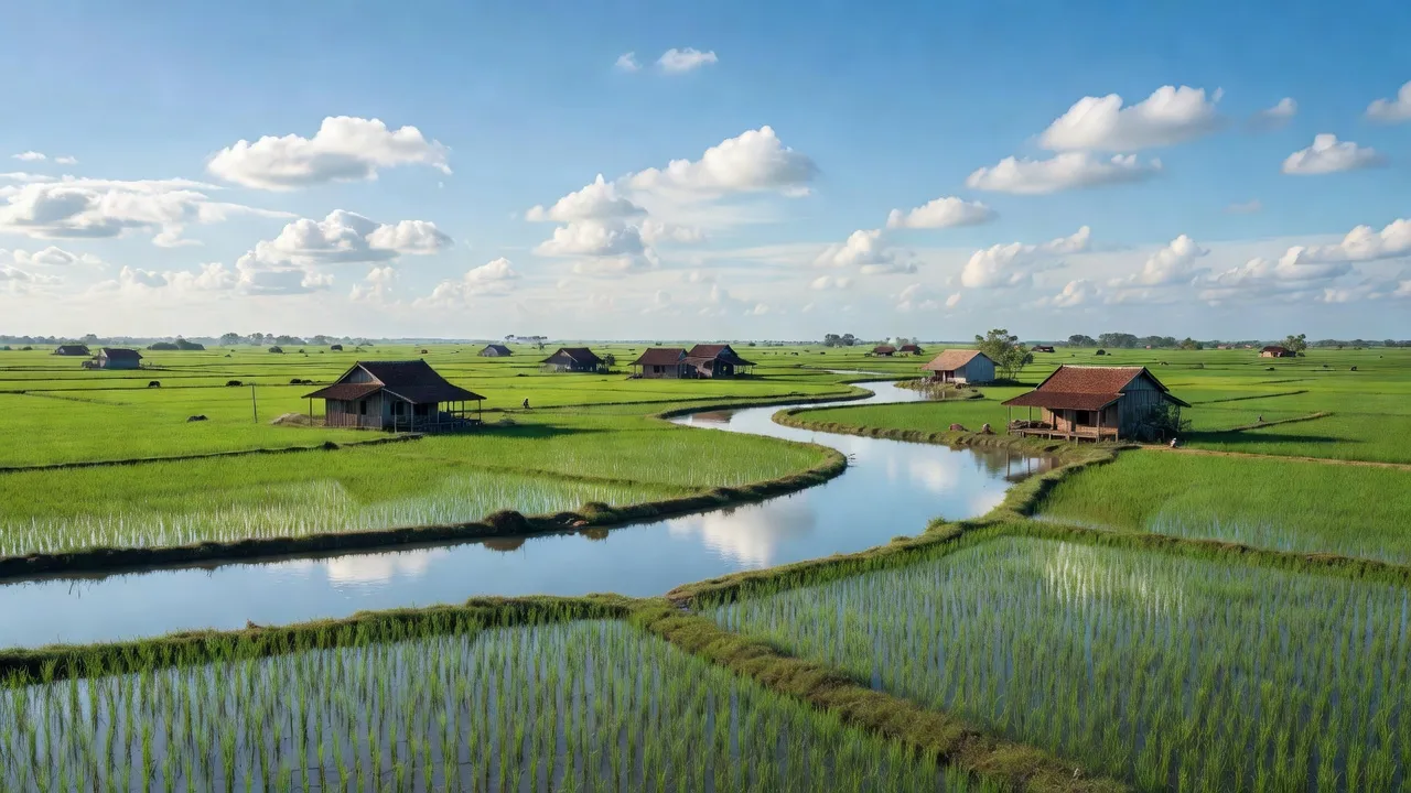 Cảnh quan xã Tân Hưng Tây, huyện Phú Tân, Cà Mau với đồng ruộng xanh và nhà truyền thống.