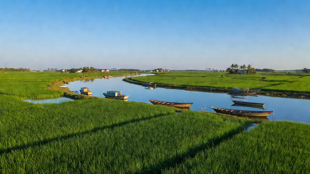 Cảnh quan xã Việt Thắng, huyện Phú Tân, Cà Mau với ruộng xanh và thuyền đánh cá.